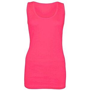 Womens Cotton Plain Vests Ladies Summer Casual Tops Stretchy Ribbed Sleeveless Camisole Scoop Neckline T-Shirt Style Muscle Gym Sports Rib Cami Long Vest Tank Tee Top (Neon Pink,20)