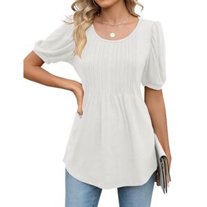 iWoo Women's Casual Crew Neck T-Shirts Loose Puff Short Sleeve Pleated Summer Tops Tunic Blouses Cute Flowy Work TeeWhite M (UK 12-14)