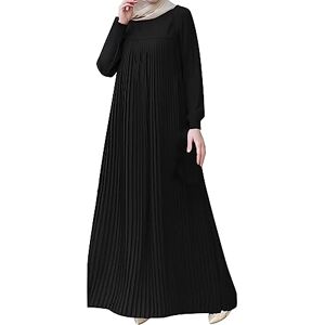 Best Deals Of The Day AMDOLE Translucent Dresses for Women Muslim Long Sleeved Temperament Elegant Pleated Dress Solid Color Round Neck Pleated Dress Summer Dress Halter Neck Black