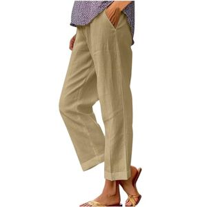 Generic B-381 Khaki Brunch Trousers Pants for Ladies Summer Fall Faux Linen Loose Fit High Cut Flare Wide Leg Straight Leg Plain Long Bootcut Leg Trousers Pants Womens 2024 M
