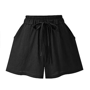 Zeiayuas Linen Shorts for Women UK Summer Casual Comfy Shorts Drawstring Elastic Waist Lightweight Bermuda Shorts Loose Fit Wide Leg Shorts with Pockets Plus Size 8-22 Black