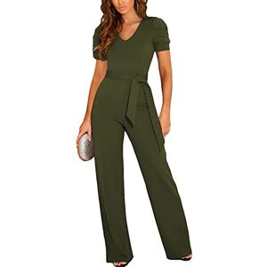 Generic Jumpsuit for Women Short Sleeve Wide Leg Pants V-Neck Playsuit Ladies Elegant Trouser Suit with Belt Jumpsuit Ladies Summer Blazer,army green,L