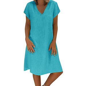 Women's Tunic Dresses Summer Linen Dress Casual Plaid V Neck Midi Dress Short Sleeve Loose A-line Dress Solid Sundress Plus Size S-5XL Without Accessories Blue