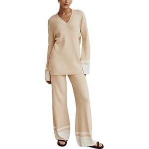 Koitniecer Women's 2 Piece Outfits Casual Wide Leg Pants and Knit Sweater Set Summer Fall Streetwear Lounge Set (Khaki-V Neck, L)