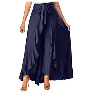 NASC Ladies Casual Double Layer Wide Leg Culottes Irregular Ruffle Lace Up Long Pants Trousers Women Straight Leg Trousers for Women Navy