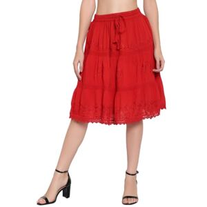 Doorwaytofashion Cotton Summer Skirt Midi Boho Hippie Crochet Lace Tiered One Size 10 12 14 16 18 (Red)