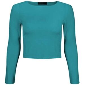 Crazy Fashion Plain Long Sleeve Round Neck Women Crop Tops T Shirt Stretchy Cropped Lightweight Stretchy Basic Solid Ladies T Shirts UK 8-14 Teal