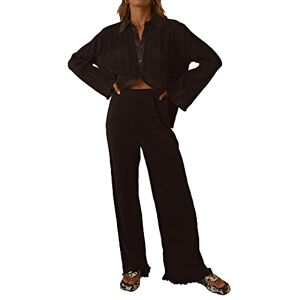 Femereina Women Pleated 2 Piece Outfits Casual Long Sleeve Lapel Button Down Shirt Blouse Top High Waist Wide Leg Palazzo Long Pants Set (B, Large)