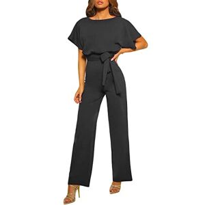 FeMereina Women's Casual Jumpsuits Loose Batwing Sleeve Crewneck Rompers Long Pants Belted Wide Legs Overall S-2XL (Black, X-Large)