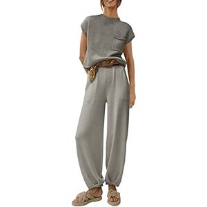 Yassiglia Women's 2 Piece Casual Outfits Spring Summer Causal Lounge Set Women Y2K Tracksuit Short Sleeve Knit Sweater Top + High Waist Pants Loungewear Streetwear (Gray, S)