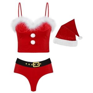 winying Womens Faux Fur Trim Christmas Outfit Soft Velvet Crop Top with A-Line Skirt Santa Claus Hat Red H XXL