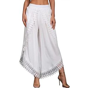 Buetory Summer Boho Solid Color Layered Wide Leg Lounge Pants Side Split Elastic Waist Loose Casual Beach Palazzo Pant Capris(White,Medium)