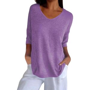 Generic V Neck T Shirts for Women UK Ladies 3/4 Sleeve Solid Colour Summer Tops Casual Loose Fit Tunics Elegant Dressy Blouse Purple