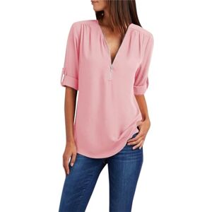 Generic Long Sleeve Tops for Women UK Summer Zipper V Neck Solid Colour Blouse Ladies Casual Loose Fit T Shirts Elegant Dressy Tunics Pink