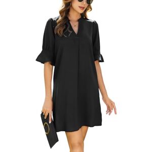 CMTOP Women's Shirt Dress Short Half Sleeve V Neck Solid Color Summer Casual Dresses Midi Dress for Women M Black