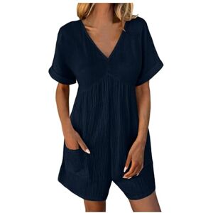 Bauzuoyo Jumpsuit Women's Summer Casual Sleeveless Jumpsuit Short Jumpsuit V-Neck Loose One-Piece Dungarees with Pockets Women's Short Wide Trouser Leg Playsuit Romper Plain Trouser Suit, navy, S