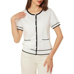 GRACE KARIN Womens Short Sleeves Cardigan Tops Contrast Color Casual Crew Neck Button-up Sweater White S