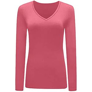 KATSSI Women’s Ladies Long Sleeve Stretch Plain V Neck T Shirt Top Rose