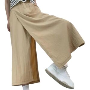 Sheng Women Loose Skinny Eight-Cut Culottes, Cropped Casual A-Line Elastic High-Waisted Wide Leg Skirt Pants with Pockets (Khaki,S)