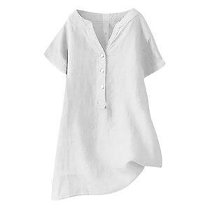 Frill Neck Blouses For Women Uk Tunic Tops for Women UK Sale Clearance Plus Size Casual V Neck Shirts Cotton Linen Tops Loose Short Sleeve Plain Top Long Length Summer Irregular T Shirt Button Tee Ladies Lagenlook Longline Blouse