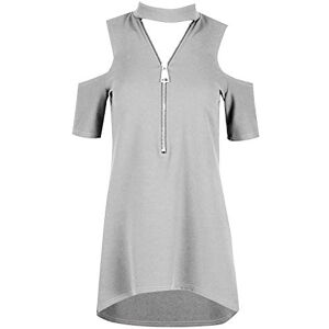 Fashion Star Women's Cold Cut Shoulder Short Sleeve Front Zip Up Choker High Neck High Low Dipped Hem Top (Plus Size (UK 24/26), Silver Grey)