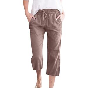 oglccg Womens Capris Trousers 3/4 Pants Cotton Linen Elastic High Waist Cropped Pants Drawstring Autumn Solid Color Pockets Loose Pants Straight Wide Leg Trousers Plus Size 8-18 Brown, XXL