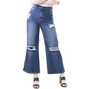 Fashion Star Womens Plain Slit Distressed Ripped High Waist Wide Leg Flared Denim Mom Jeans MKB9211418 Dark Blue Medium (UK 10)