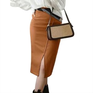 BPVCMHOS Women's skirts Office Lady Wrap Hips Pu Leather Midi Skirt Women Front Slit Skirt High Waist Long Skirt-Brown-L