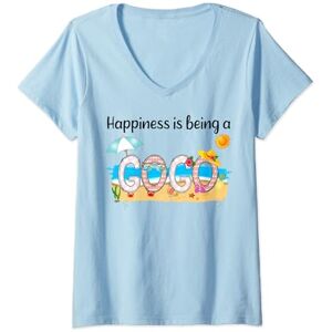 Vintage Summer Happiness Is Being A Gogo Beach Womens Vintage Summer Happiness Is Being A Gogo Retro Beach V-Neck T-Shirt