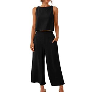 FunAloe Linen Trouser Suits Round Neck Crop Basic Top Button Back Tops Linen Outfits 2 Piece Set with Pocket Two Piece Wide Leg Pants Set Two Piece Outfits Summer, 3XL