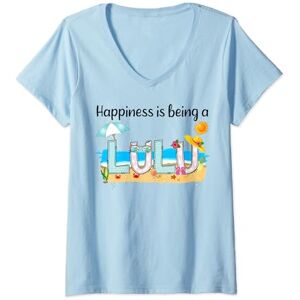 Vintage Summer Happiness Is Being A Lulu Beach Womens Vintage Summer Happiness Is Being A Lulu Retro Beach V-Neck T-Shirt