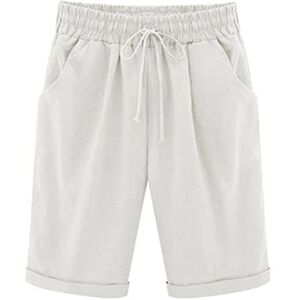 Amhomely Womens Pants Sale Clearance Shorts for Women Summer Plus Size Cotton Linen Shorts with Pocket Elastic Waist Drawstring Shorts Gym Workout Shorts Front Pleated Shorts Solid Fitness Shorts Ladies Tracksuit Bottoms White XXL