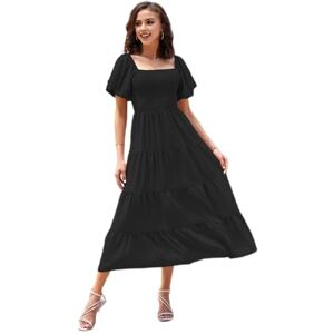 ehozirta Women Casual Dress,Shrot Sleeve Dress,Summer Women Dress,Short Bubble Sleeve Square Neck Pleated Patchwork A-line Hem High Slim Waist Solid Color Elastic Bust Beach Dating Midi Dress Black XL