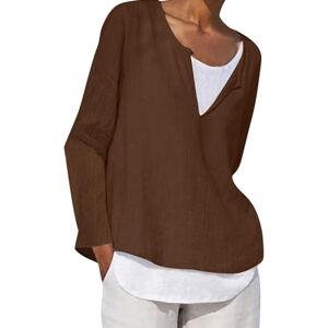 CreoQIJI Blouse Women's Satin Women's Spring Summer Solid V-Neck Long Sleeve Cotton and Linen Loose Top Short Sleeve Women, coffee, L