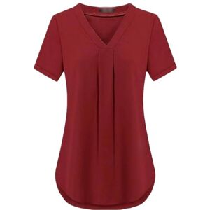 HEXHUASR T Shirts For Women Summer Women's Clothing Casua V-neck Short Sleeve Shirt Solid Color Loose Pleated Chiffon T-shirt S-6xl-claret-l