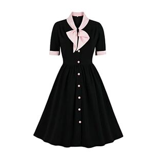 1940s Dress for Women, Short Sleeve A-line Vintage Dress Fit and Flared Cocktail Dress Retro Bow Tie Swing Dresses with Belt for Wedding Guest Summer Holiday Dating Tea Party Black+Pink XXL