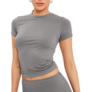 Yileegoo Women's Slim Fit Crop Tops Casual Solid Color Crew Neck Long Sleeve Tight T-Shirt Basic Blouse Tee Tops (X2-Short Sleeve Grey, L)