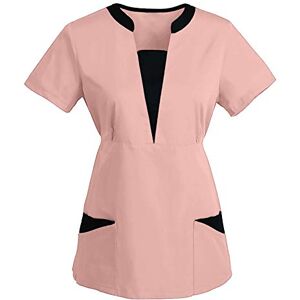 Care+ Women's Care Nurse Gown Slip Jacket V-Neck Tunic Short Sleeve Slip On Tunic Work Uniform Short Sleeve Plain Patchwork Care Comfortable Blouse Fit Tops, pink, XL