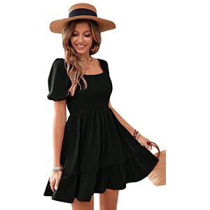 GORGLITTER Women's Puff Short Sleeve Ruffle Hem A Line Mini Dress Square Neck Summer Swing Dresses Black L