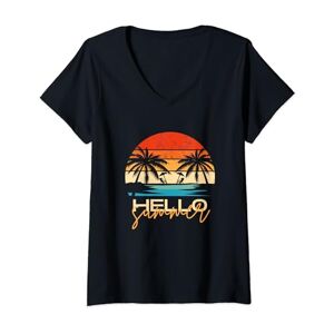 Hello Summer Funny Vacation Holiday Gifts Womens Vintage Hello Summer Funny Retro Beach Vacation Gifts V-Neck T-Shirt