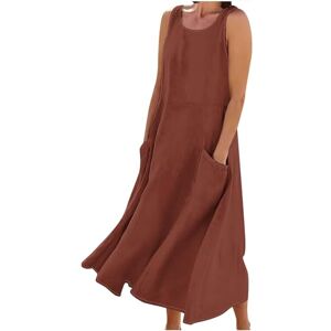 Sommerkleid Damen Leicht Summer Dress Women's Long Linen Dresses Cotton Linen Summer Dresses Linen Plain Blouse Dress Cotton Linen A-line Dress Short Sleeve Round Neck Linen Beach Dress Maxi Dress with Pockets, #010 Brown,