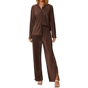 Geagodelia Plisse Co Ord Sets for Women Summer High Waisted Wide Leg Slit Trousers Suit + Long Sleeve Button Down Shirt 2 Piece Pleated Outfits Casual Loungewear Set Streetwear (Slit Trousers Brown, L)