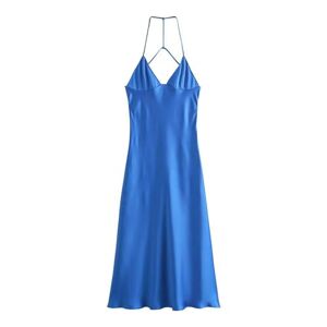 Generic Ladies New Elegant Back Drawstring Lingerie Satin Dress - Blue - S