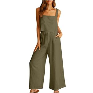FunAloe Linen Outfits for Women 2 Pcs Set Two Wide Leg Pants Women's Trouser Suits Round Neck Crop Basic Top Button Back Tops Womens Summer with Pocket, 02-army Green