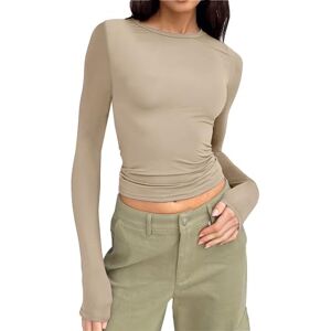 Clodeeu Women Y2k Cropped Tops Long Sleeve Plain Crewneck Slim Fit Blouse Basic T Shirts Casual Fall Tunic for Holiday Daily Travel Coffee