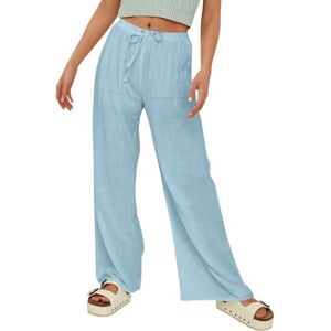 Nmslcnm Summer Trousers for Women UK Womens Linen Palazzo Pants Summer Casual Boho Wide Leg High Waist Comfy Beach Trousers with Pockets Ladies Loose Fit Trousers (Light Blue, S)