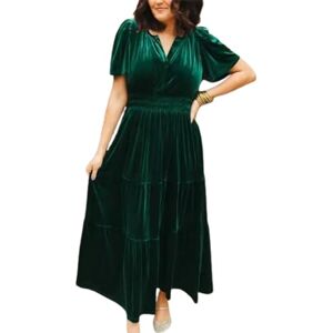 Hislaves Elastic Waist Dress Women Cocktail Summer Pleated Patchwork A-line Big Swing Short Sleeve Loose V Neck Solid Color Tight Soft Ankle Length Green 2XL