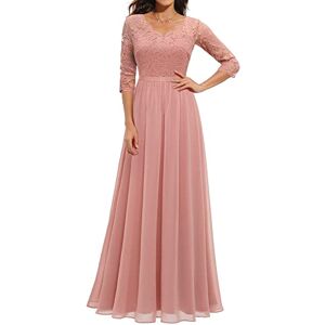 SANSIWU Women's Formal V Neck Lace Short Sleeve Evening Dress Solid Color Vintage Backless High Waist Long Dress Cocktail Bridesmaid Party Prom Dress (B-Pink, XL)