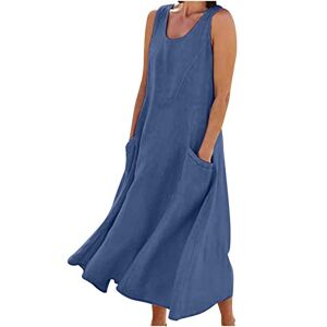 LUSHAasd Linen Dresses for Women UK Clearance 2024 Comfort Casual Sleeveless Round Neck Maxi Dress with Pockets Spring Summer Cotton Linen Long Dresses Oversized Hawaiian Beach Dress Outfits