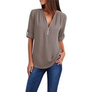 Generic Long Sleeve Tops for Women UK Summer Zipper V Neck Solid Colour Blouse Ladies Casual Loose Fit T Shirts Elegant Dressy Tunics Grey